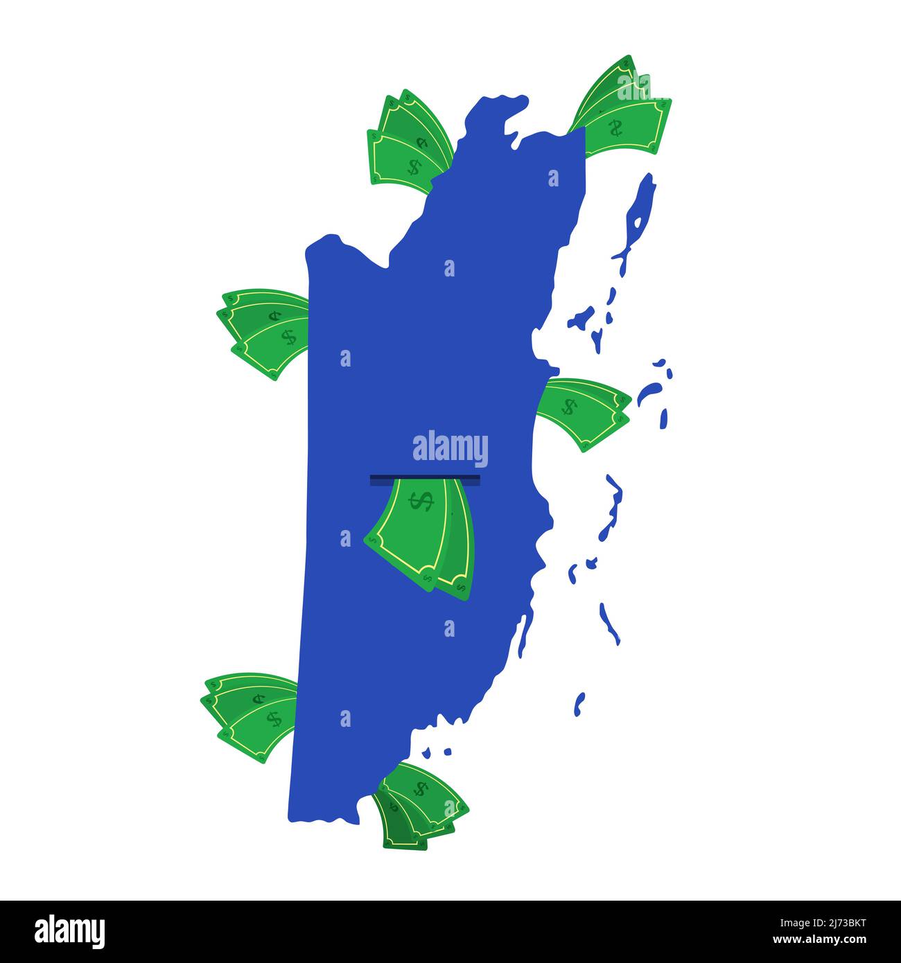Carte de Belize en bleu avec des factures d'argent autour. Argent quittant le centre du pays. Économie du pays de Belizean. Arrière-plan blanc. Isolé. Illustration de Vecteur