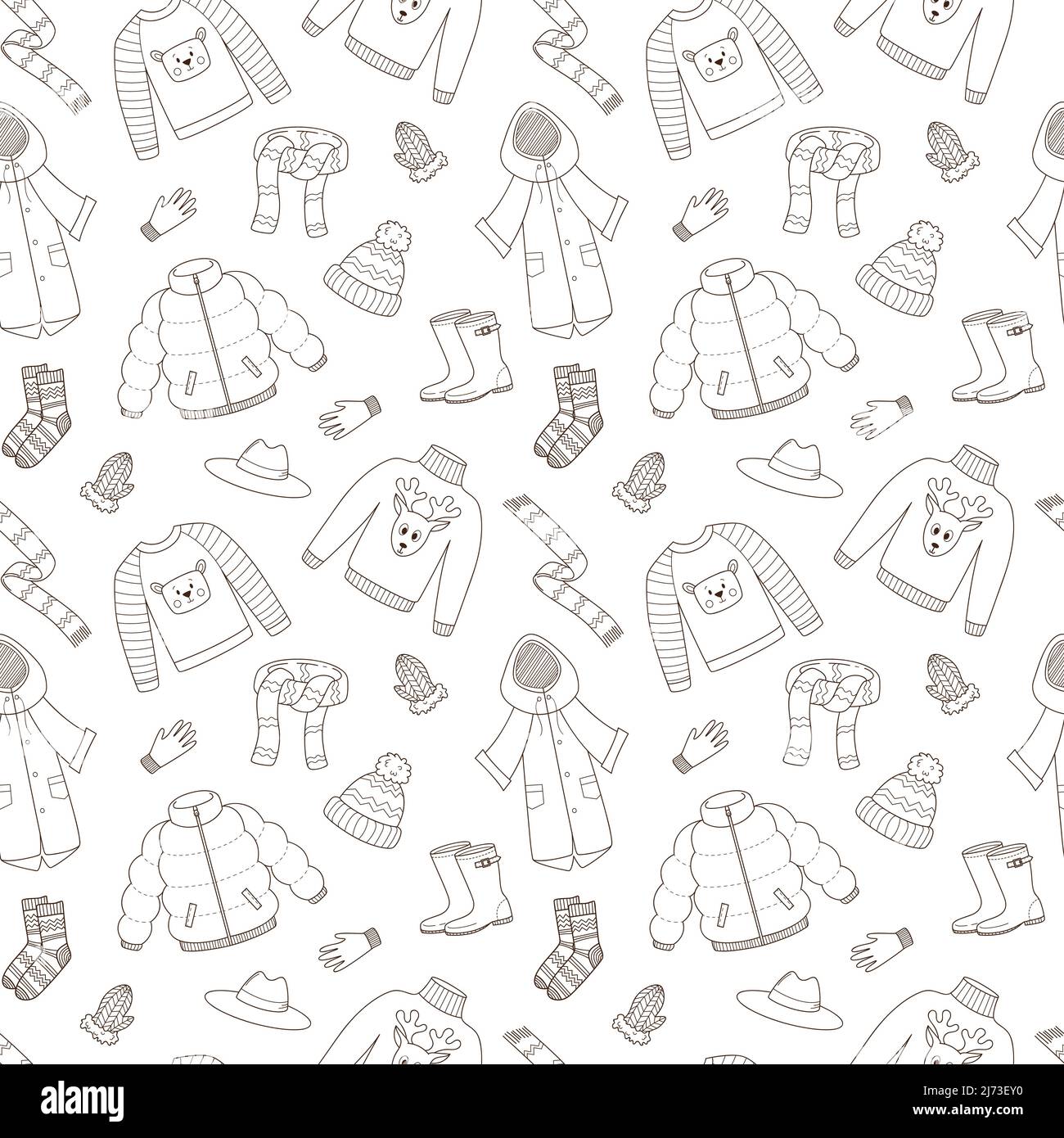 Motif sans coutures et vêtements d'extérieur chauds pour l'automne. Vêtements, bottes en caoutchouc, gants, chaussettes. Toile de fond monochrome avec éléments de doodle Contour linéaires. Noir et Illustration de Vecteur