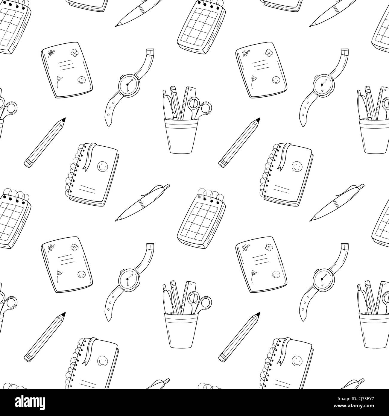 Un motif simple sans couture à l'école avec un bloc-notes, une horloge, une papeterie, un bloc-notes, un stylo. Arrière-plan noir et blanc avec contour isolé de l'enlinet dessiné à la main Illustration de Vecteur