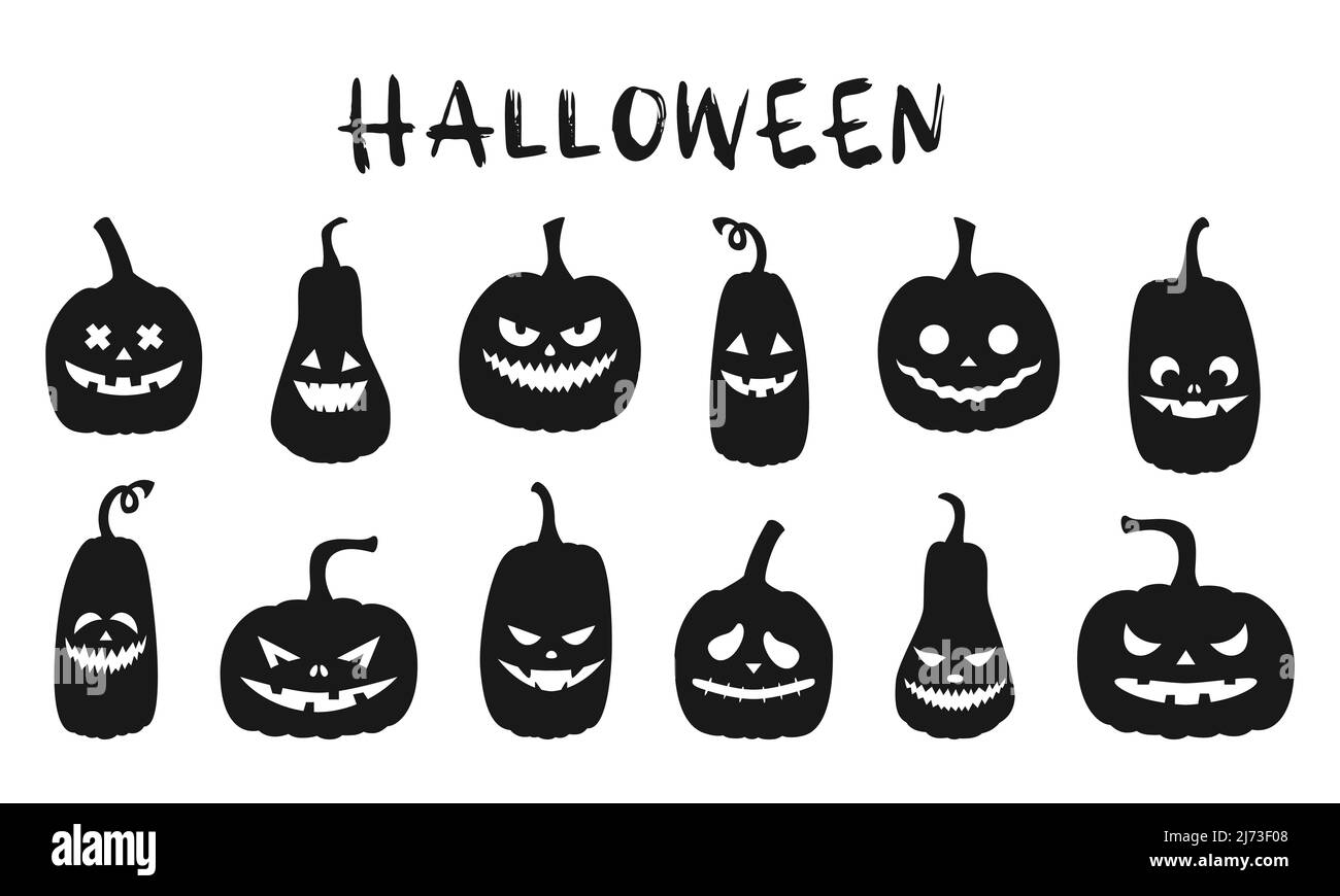 Un ensemble de silhouettes de citrouille noire aux visages effrayants. Citrouilles d'Halloween avec différentes expressions du visage. Ensemble de silhouettes de lanterne de citrouille. Vecteur il Illustration de Vecteur