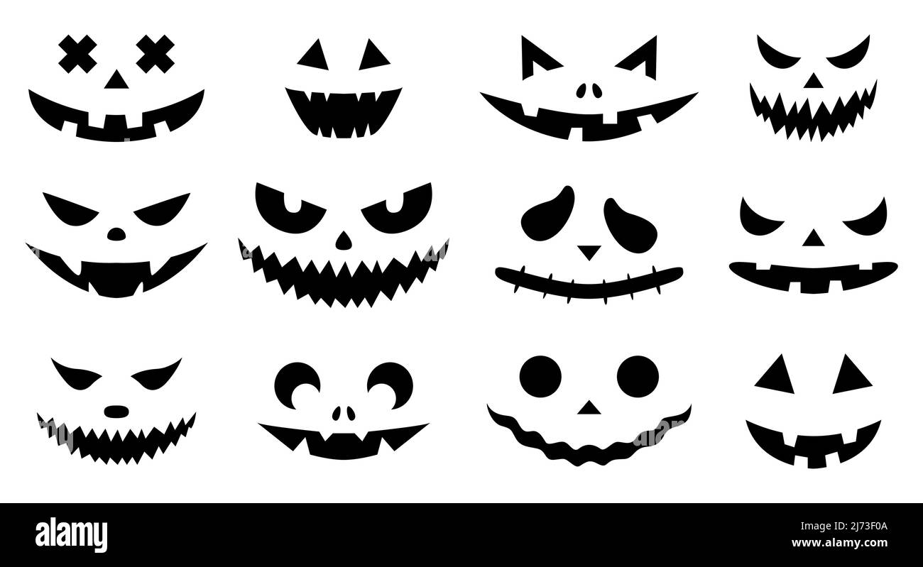 Physionomies drôles. Un ensemble de citrouilles d'Halloween avec silhouettes sculptées de visages isolés sur blanc. Un modèle avec des yeux, des bouches, des nez pour couper ou Illustration de Vecteur