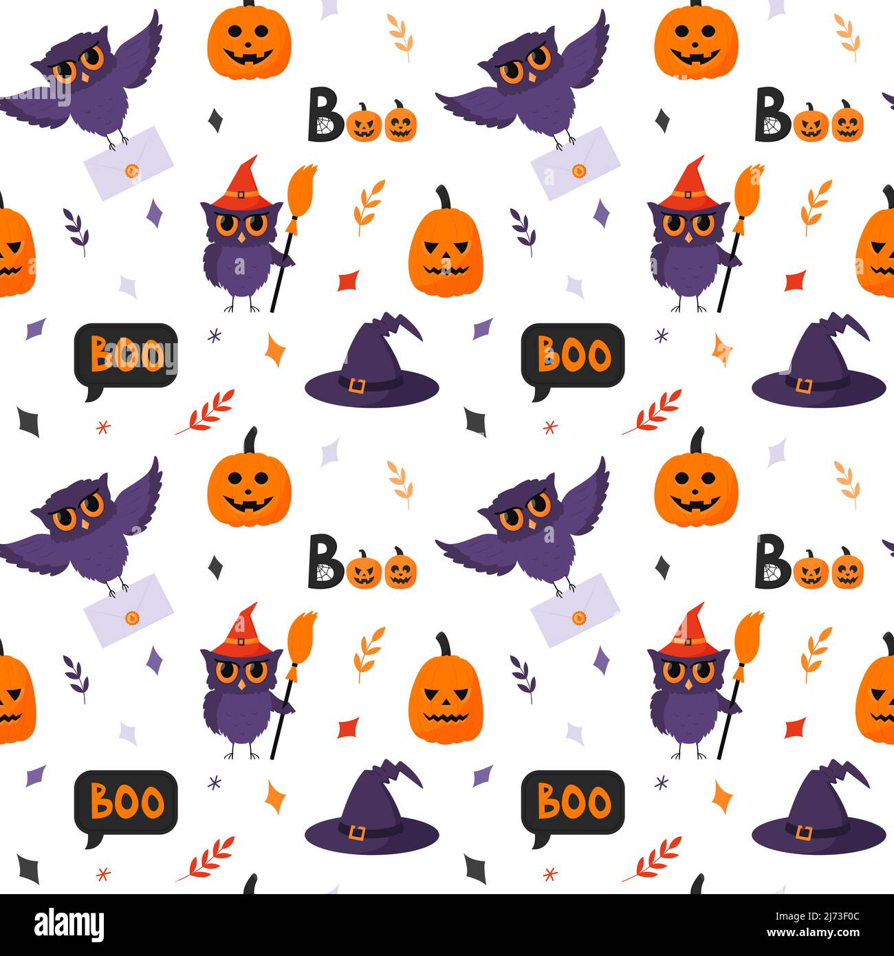 Motif Halloween sans couture avec hibou, citrouille, inscription Boo, chapeau et brindilles. Éléments de dessin animé plats sur fond blanc. Toile de fond colorée pour les vacances. P Illustration de Vecteur