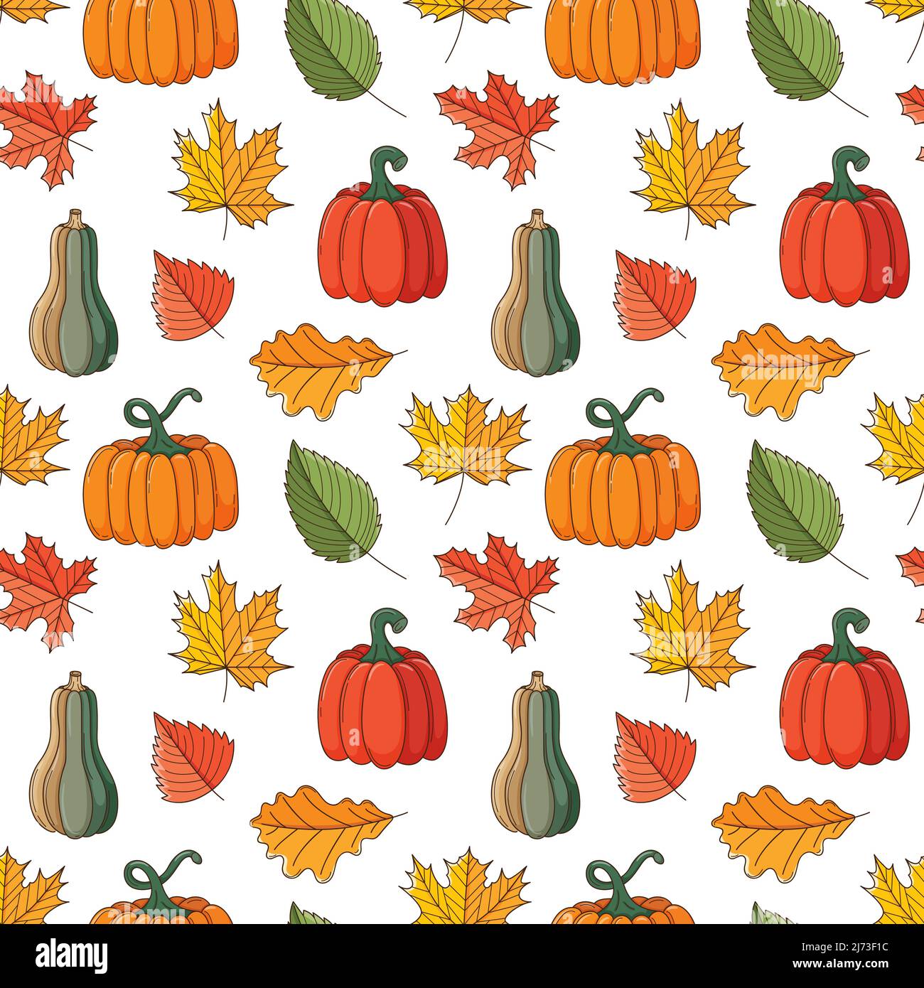 Motif sans couture avec différentes feuilles et citrouilles d'automne. Récolte d'automne, Thanksgiving. Toile de fond avec éléments colorés. Vecto coloré et lumineux Illustration de Vecteur