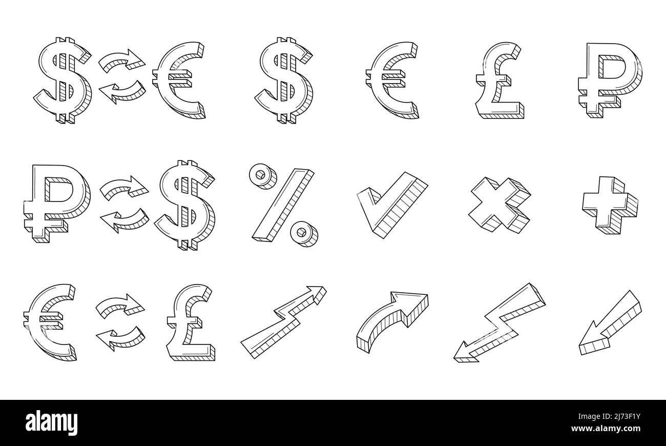 Un ensemble de business linéaire, des icônes. Symboles de change, rouble, dollar, euro, livre, flèches. La croissance et la chute de la monnaie. Noir dessiné à la main Illustration de Vecteur