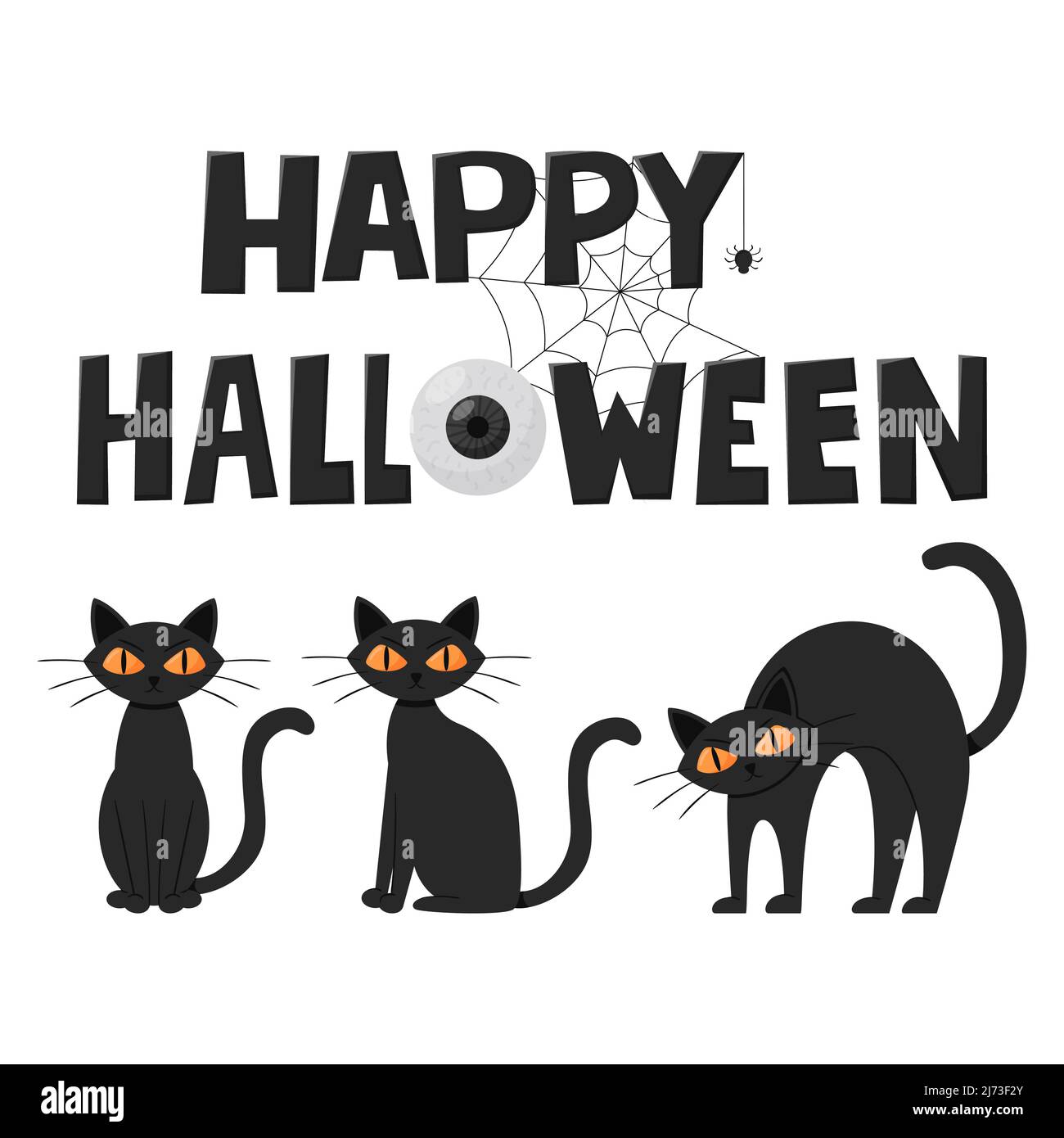 Des chats noirs, moulinés, sérieux. Le chat est assis, debout avec son dos arqué. Mots dessinés à la main de Happy Halloween. Couleur plat vecteur de dessin animé illus Illustration de Vecteur