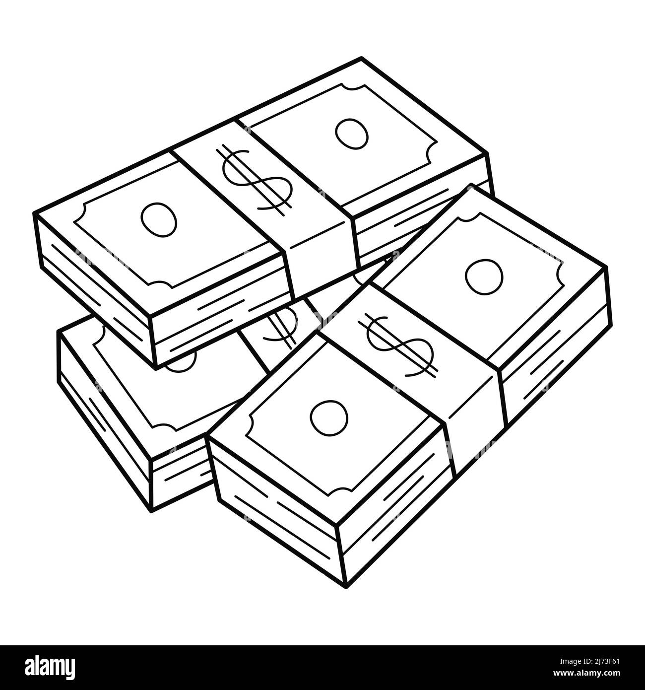 Une pile de billets en papier. Trois lots de billets en dollars. Accumulation d'argent, richesse, pot-de-vin. Icône linéaire. Vecteur noir et blanc dessiné à la main Illustration de Vecteur