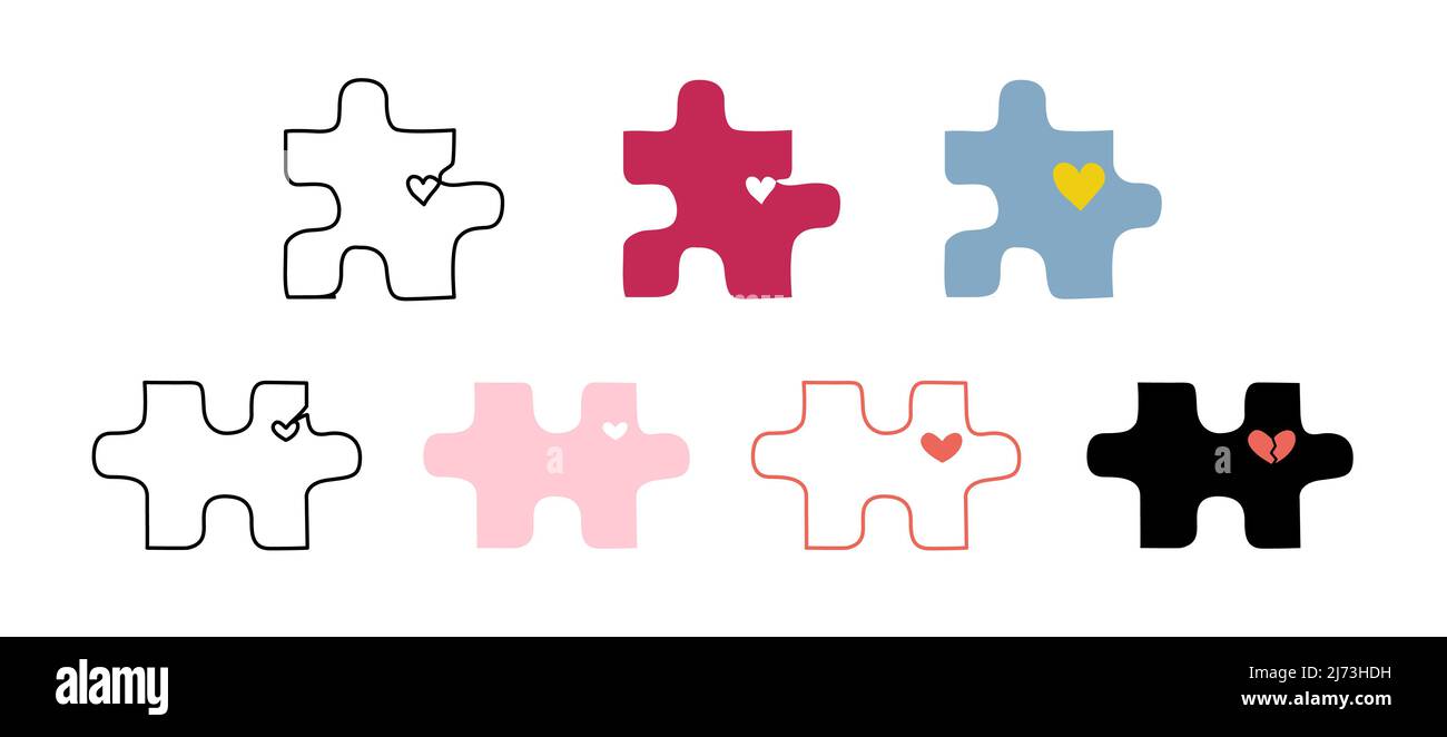 Ensemble de différentes pièces de puzzle avec petits coeurs dans le style plat pour le site de thérapie de mariage ou de conception d'invitation Illustration de Vecteur