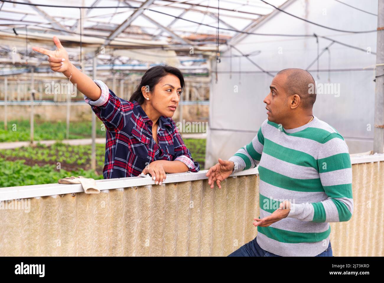 Les agriculteurs latino-américains discutent des sujets actuels lors d'une pause-travail. Banque D'Images