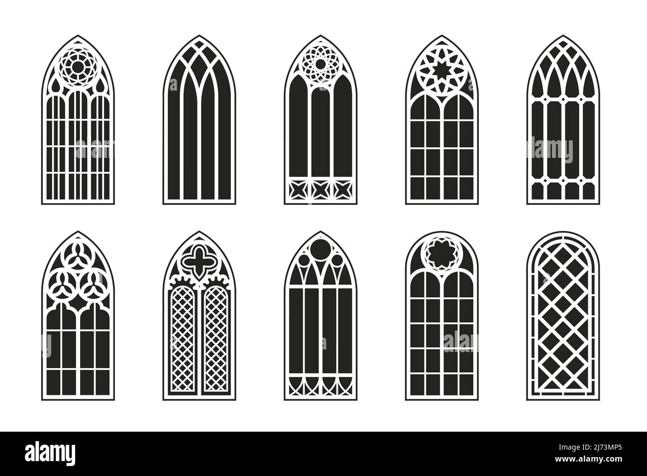 Ensemble de fenêtres gothiques. Silhouette de vitraux vintage cadres d'église. Élément de l'architecture européenne traditionnelle. Illustration vectorielle Illustration de Vecteur