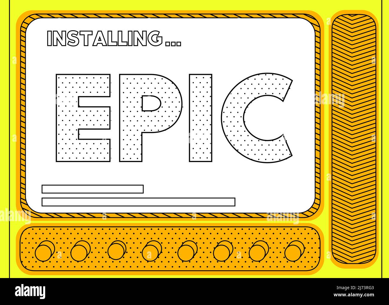 Ordinateur de dessin animé avec le mot Epic. Message d'un écran affichant une fenêtre d'installation. Illustration de Vecteur