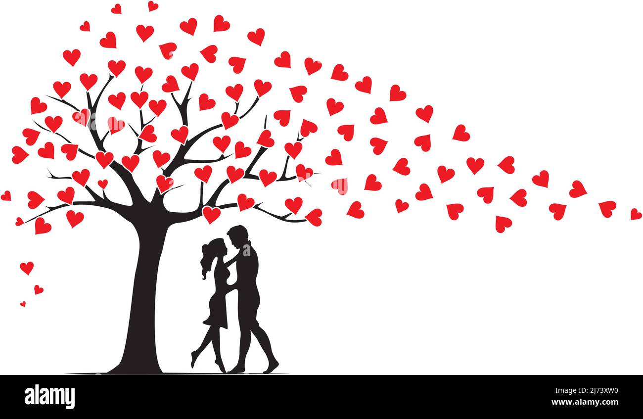 Illustration de l'arbre avec des coeurs rouges comme des feuilles soufflantes sur le vent et couple silhouettes dans l'amour isolé sur fond blanc. Décalcomanies murales romantiques, mur Illustration de Vecteur