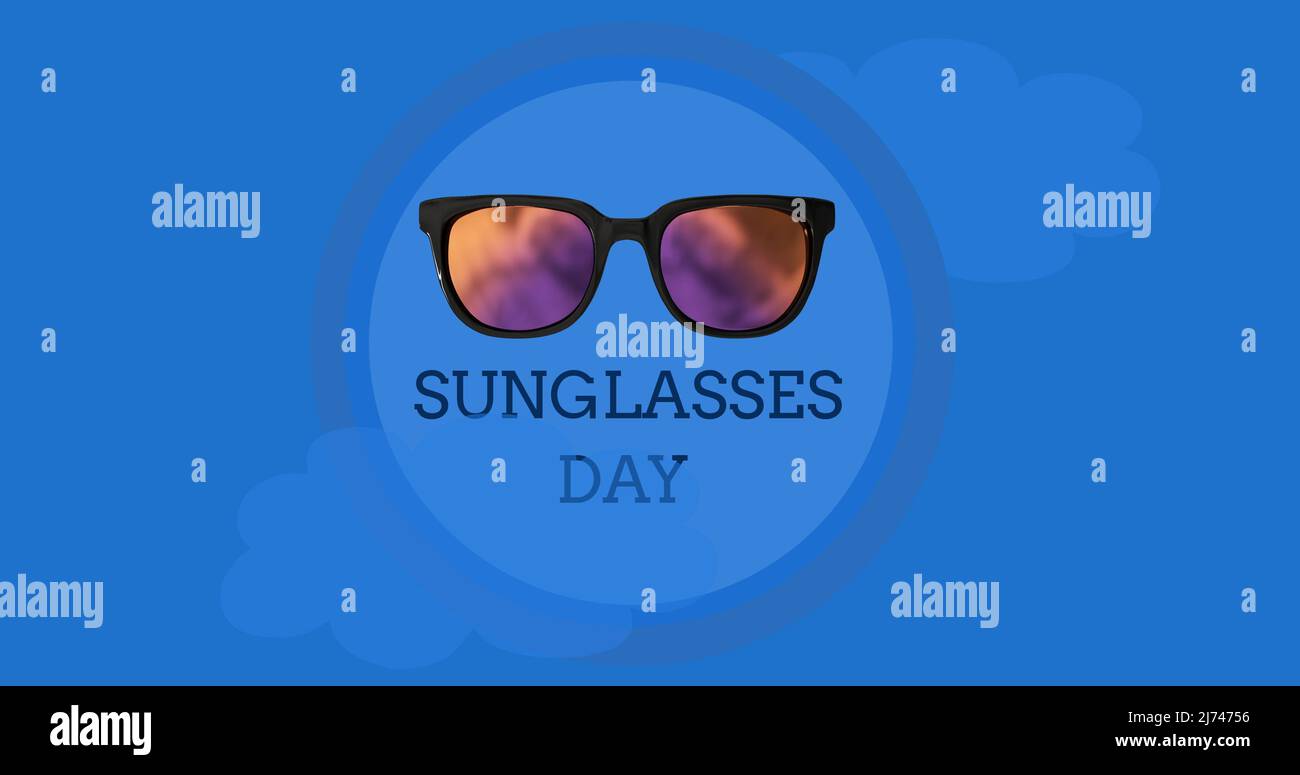Illustration de lunettes de soleil avec texte de jour de lunettes de soleil  en cercle avec des nuages sur fond bleu Photo Stock - Alamy