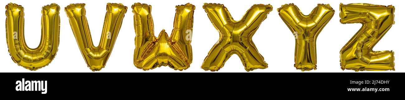 ballons réels en forme de lettres u v w x y z or métallique sur fond blanc Banque D'Images