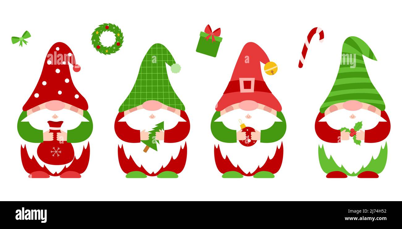 Un ensemble de petits nains de Noël en rouge, des vêtements verts et des chapeaux, qui tiennent les attributs du nouvel an dans leurs mains.mignon petits gnomes, personnages de dessin animé. Illustration de Vecteur