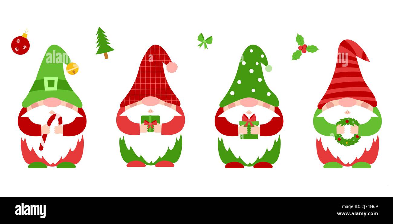Un ensemble de petits nains de Noël en rouge, des vêtements verts et des chapeaux, qui tiennent les attributs du nouvel an dans leurs mains.mignon petits gnomes, personnages de dessin animé. Illustration de Vecteur