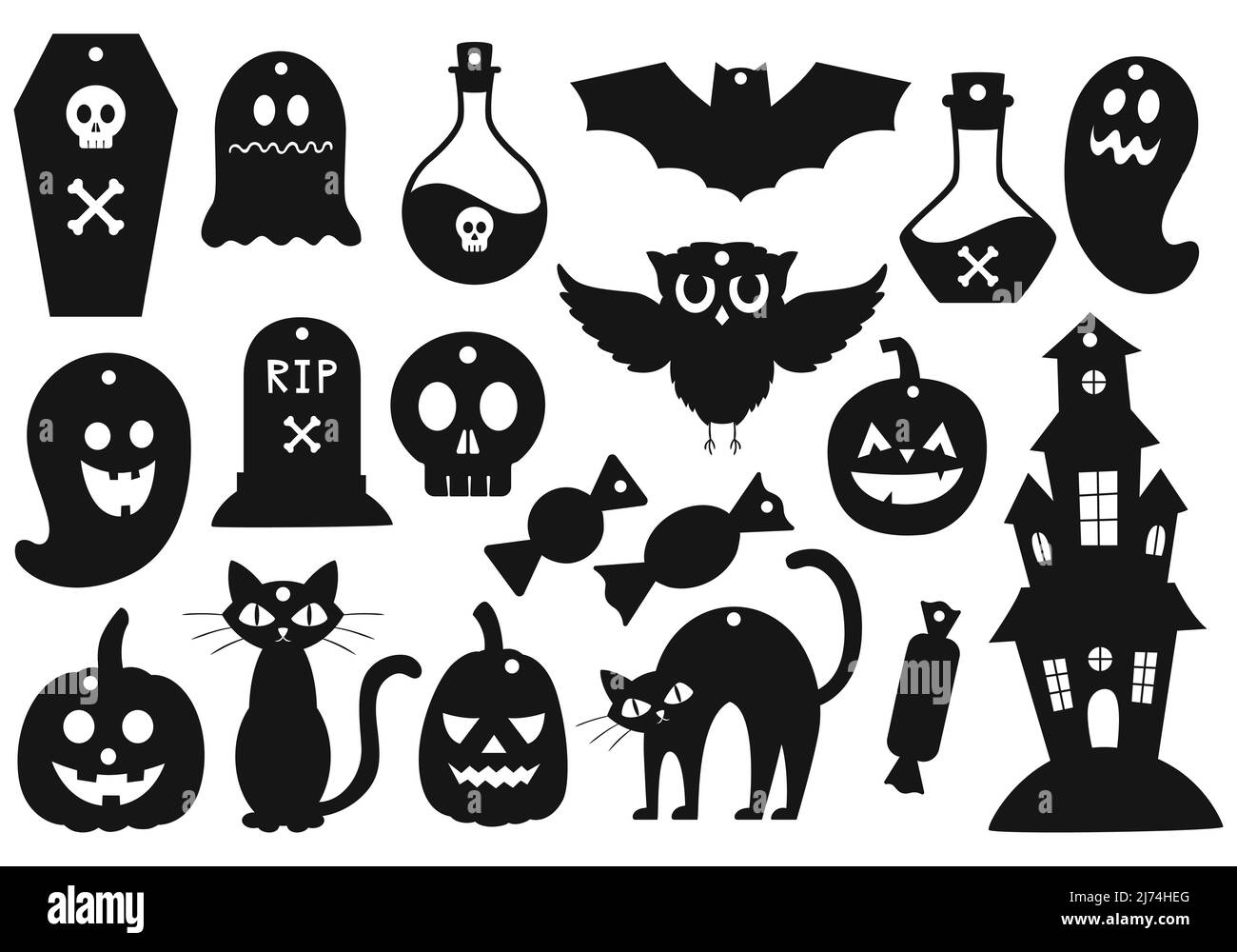 Un ensemble de simples étiquettes cadeau. Silhouettes noires des symboles Halloween. Lanterne de citrouille, maison hantée, chauve-souris, potion, pierre tombale, chat, bonbons. Simple et plat Illustration de Vecteur