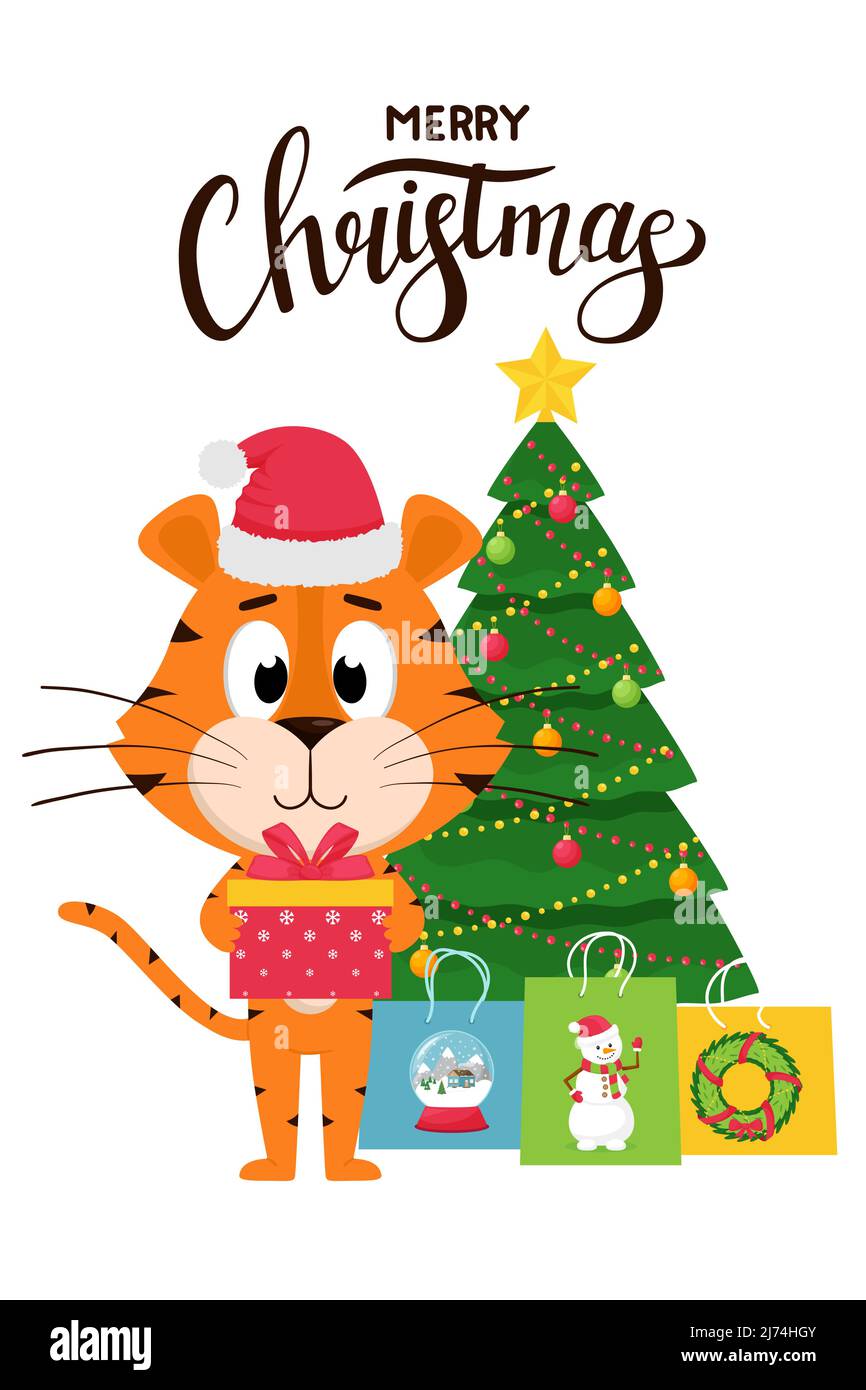 Carte de vœux de Noël. Un joli tigre de dessin animé dans un chapeau tient une boîte-cadeau sur le fond d'un arbre de Noël et des sacs-cadeaux. Le tigre est un symbole de Illustration de Vecteur