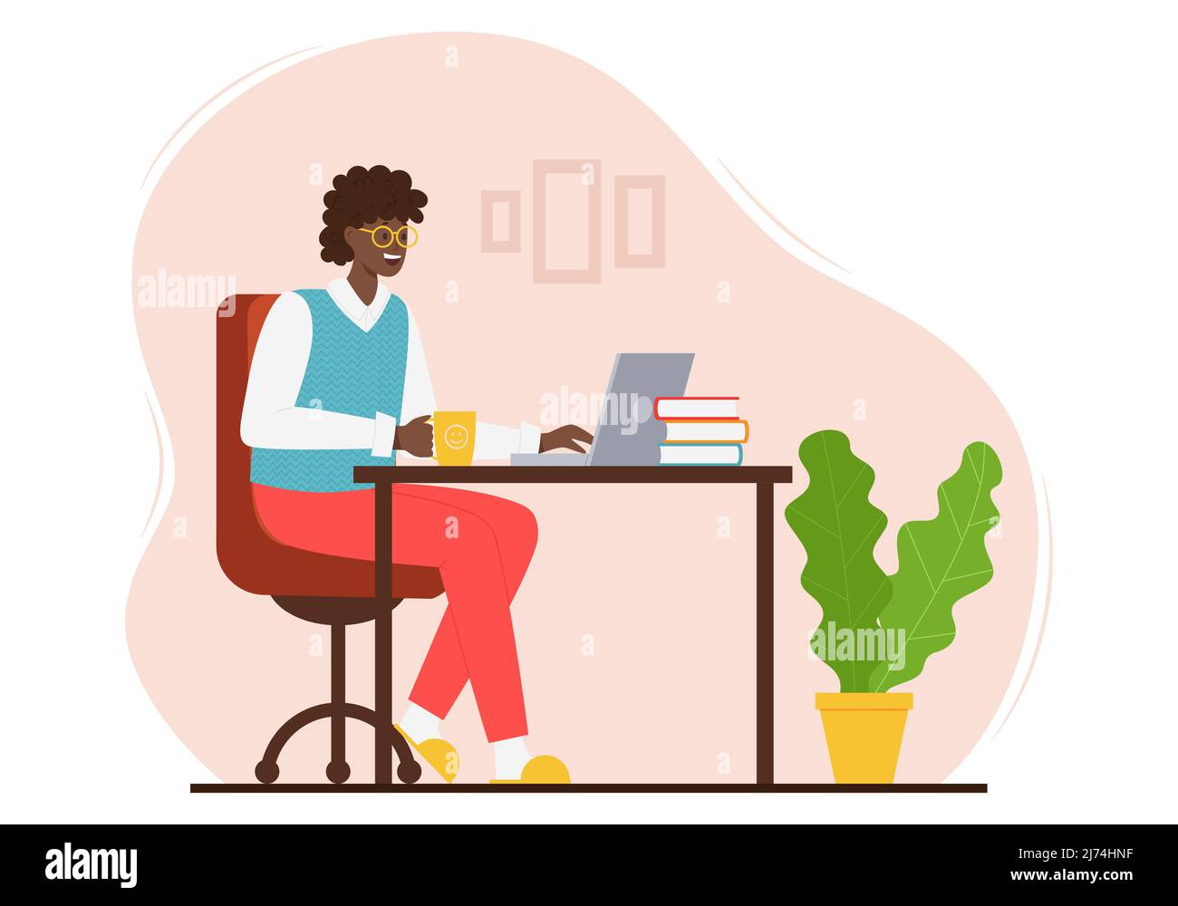 Une femme adulte heureuse dans un gilet et un pantalon tricotés est assise à une table avec un ordinateur portable. Une femme adulte avec la peau sombre et les cheveux utilise l'Internet. Couleur Illustration de Vecteur