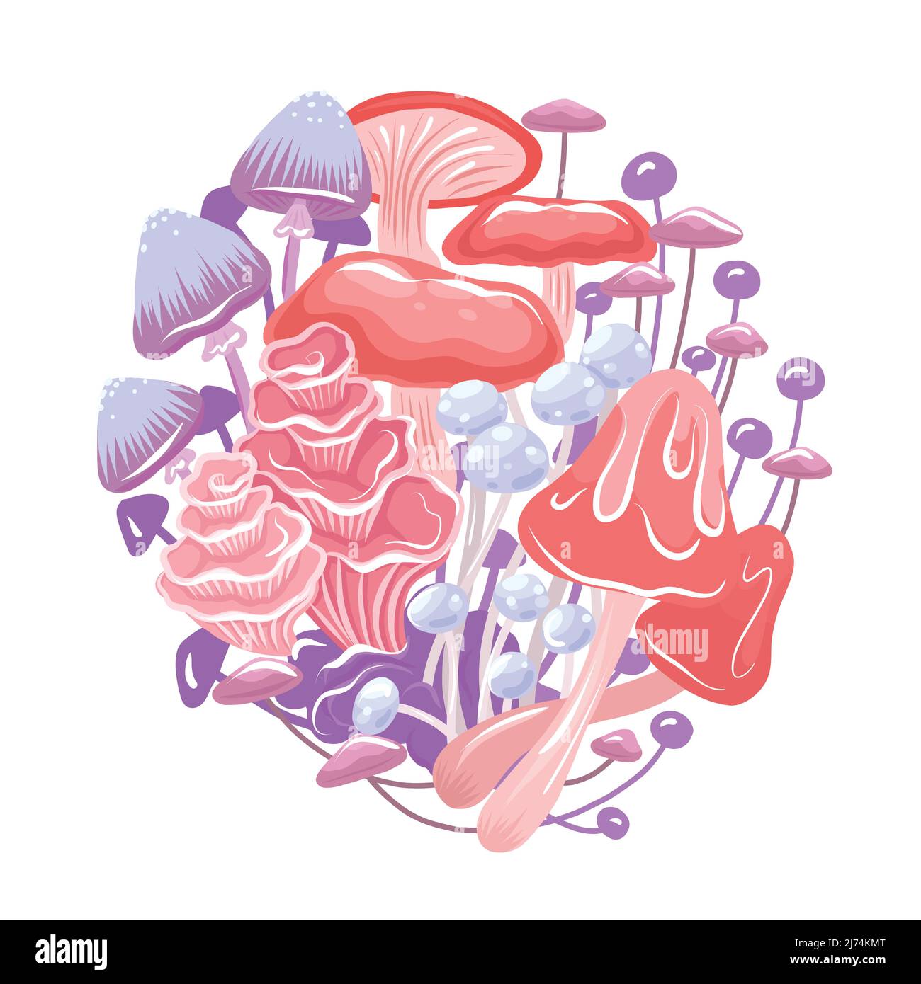 Illustration vectorielle de champignons psychédéliques magiques en bouquet. Clipart naturel de champignon néon isolé du fond blanc pour l'autocollant. Botanique Illustration de Vecteur