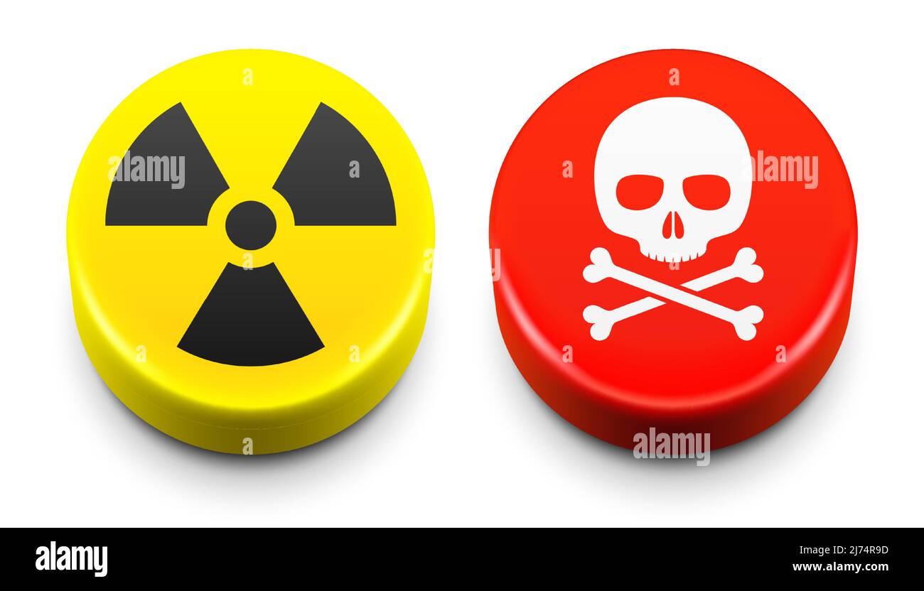 Ensemble de boutons de crâne de rayonnement et de mort isolé sur fond blanc. Boutons de vecteur de danger jaune et rouge. Illustration de Vecteur