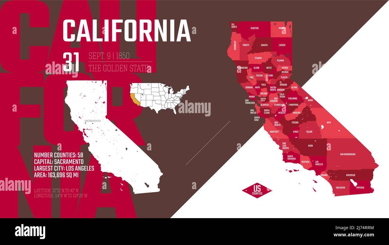 31 des 50 États des États-Unis, divisés en comtés avec des surnoms de territoire, vecteur détaillé carte de Californie avec le nom et la date admis à TH Illustration de Vecteur