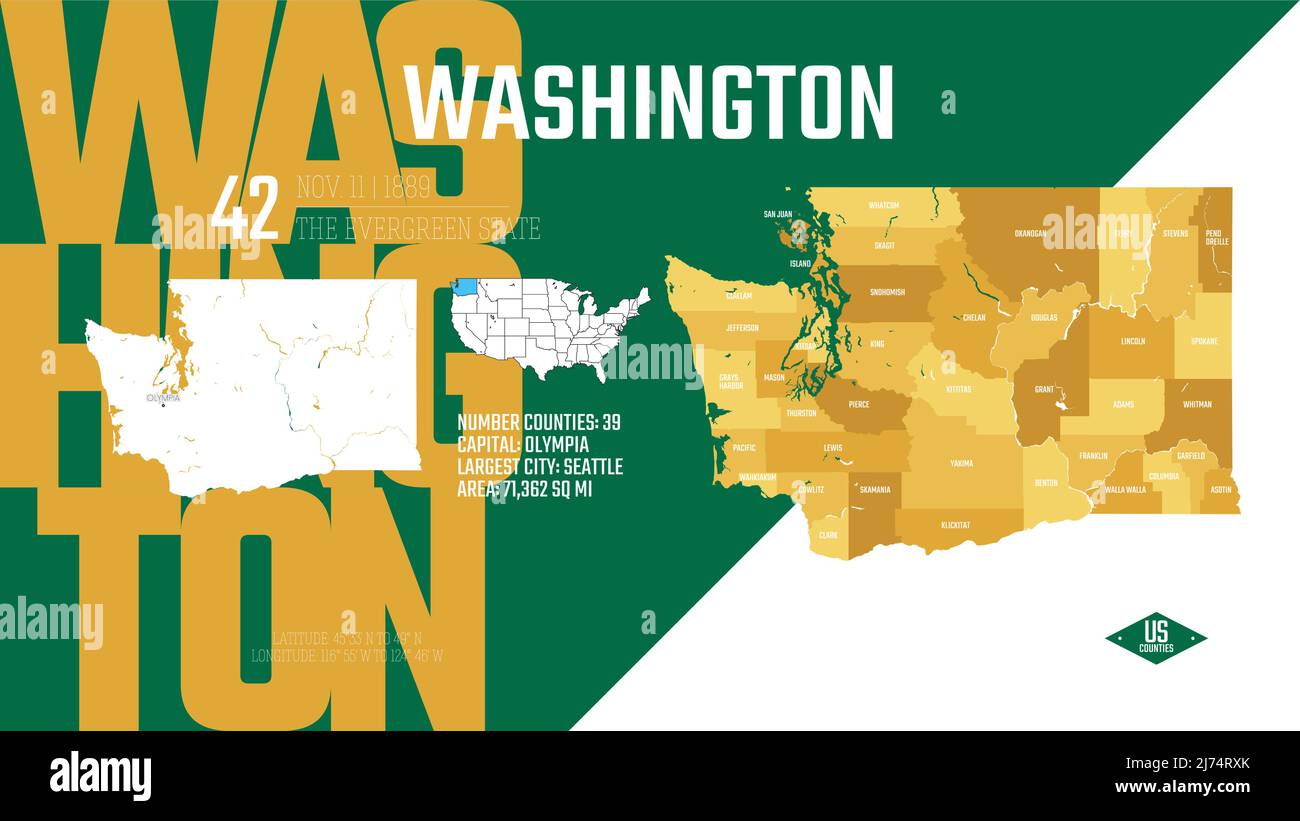 42 des 50 États des États-Unis, divisés en comtés avec des surnoms de territoire, vecteur détaillé Washington carte avec le nom et la date admis à TH Illustration de Vecteur