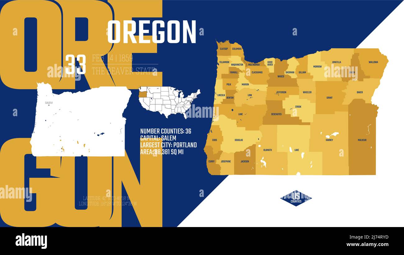 33 des 50 États des États-Unis, divisés en comtés avec des surnoms de territoire, vecteur détaillé carte de l'Oregon avec le nom et la date admis à l'ONU Illustration de Vecteur