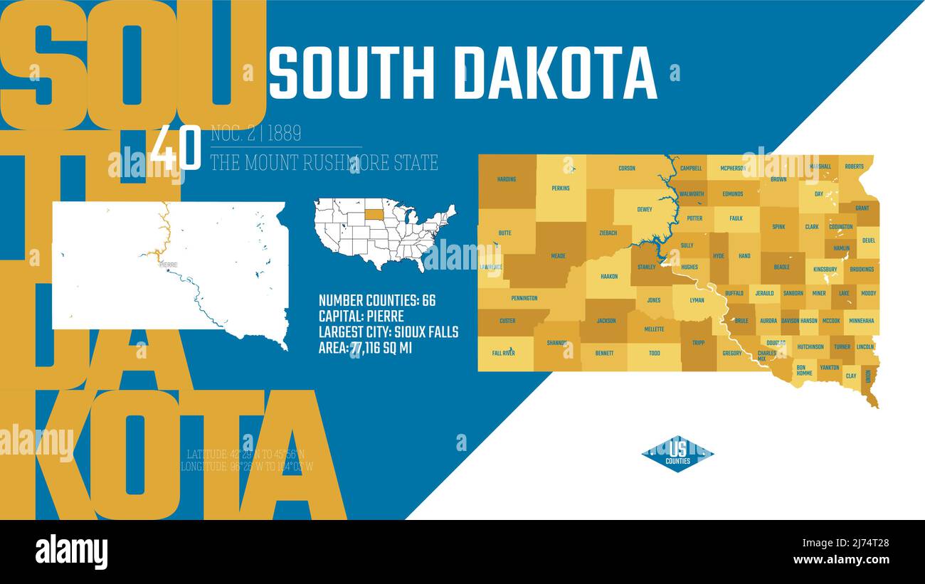 40 des 50 États des États-Unis, divisés en comtés avec des surnoms de territoire, vecteur détaillé du Dakota du Sud carte avec le nom et la date admis à Illustration de Vecteur