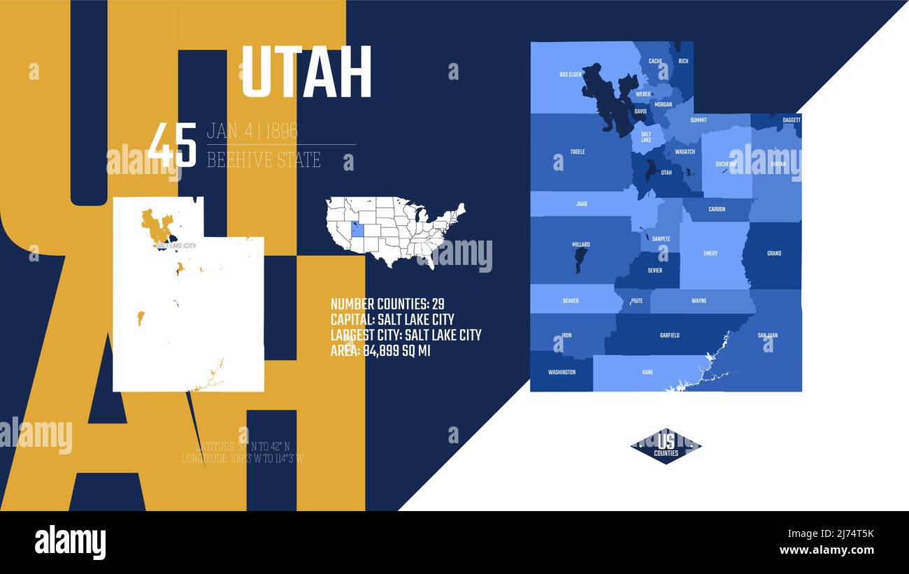 45 des 50 États des États-Unis, divisés en comtés avec des surnoms de territoire, vecteur détaillé Utah carte avec le nom et la date admis à l'Unio Illustration de Vecteur