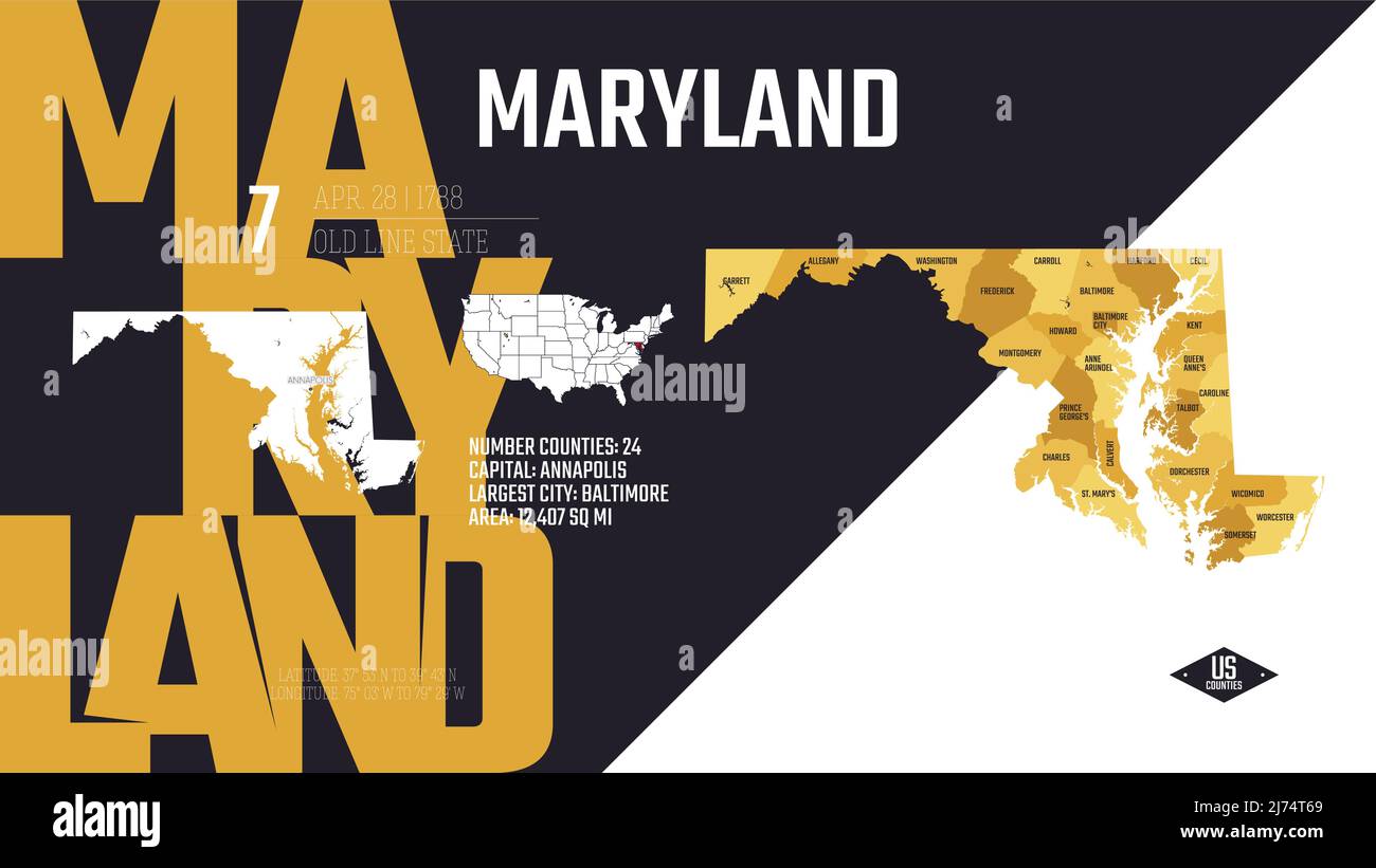 7 des 50 États des États-Unis, divisés en comtés avec des surnoms de territoire, vecteur détaillé Maryland carte avec le nom et la date admis à l'U Illustration de Vecteur