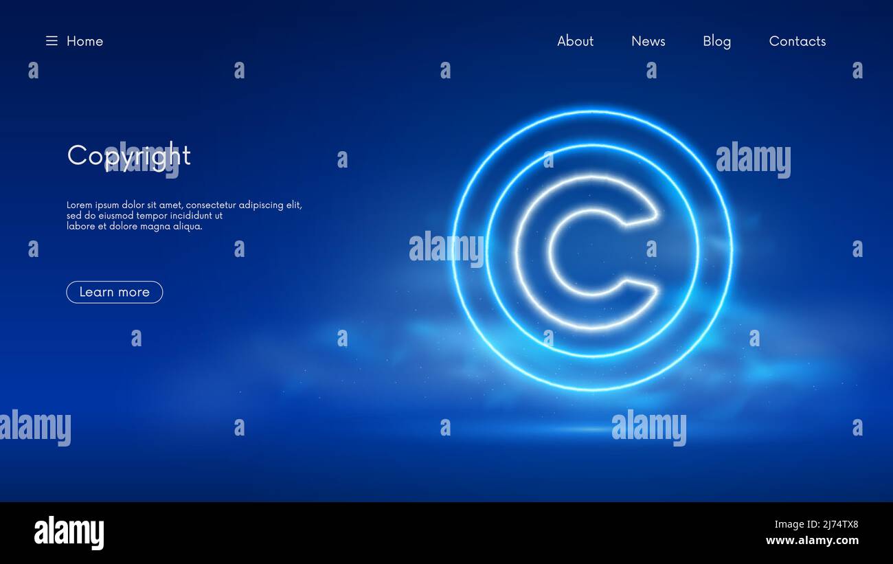 Symbole de copyright, protection de la propriété intellectuelle et des droits, technologie futuriste avec néon bleu dans la fumée, vecteur de l'arrière-plan d'affaires Illustration de Vecteur