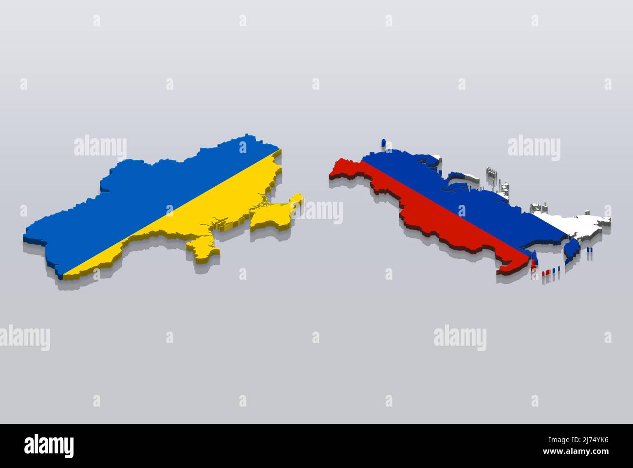 L'Ukraine et la Russie côte à côte drapeau cartographique, isolé sur fond gris, concept de tension entre la Russie et l'Ukraine, idée de bannière d'information, vue de côté Banque D'Images