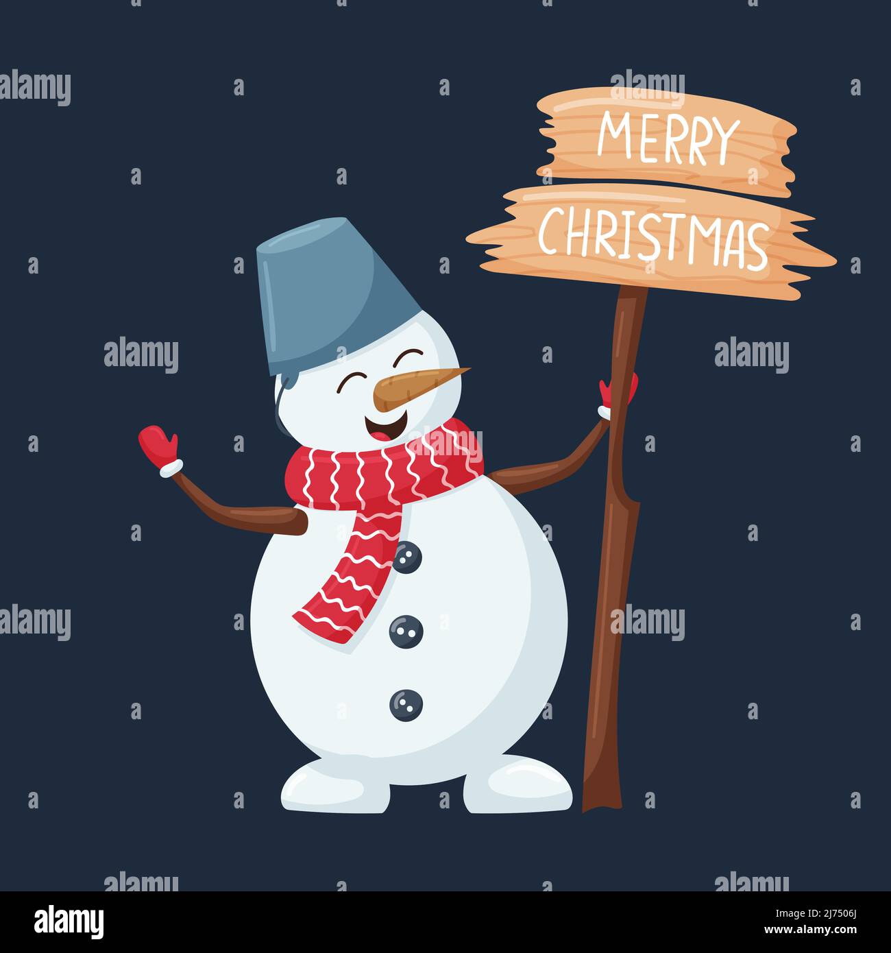 Un bonhomme de neige mignon avec un seau sur sa tête tient un panneau en bois avec les mots Joyeux Noël. Un personnage de dessin animé de Noël de style plat est isolé Illustration de Vecteur