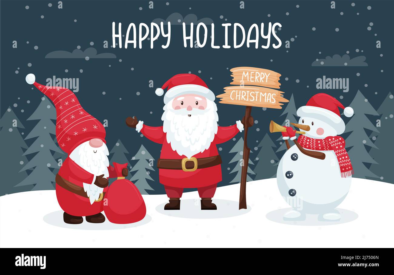 Carte de Noël avec de jolis personnages souriants dans une forêt enneigée. Santa, bonhomme de neige et gnome avec des cadeaux souhaitent de joyeuses vacances. Illustration à vecteur de couleur avec Illustration de Vecteur