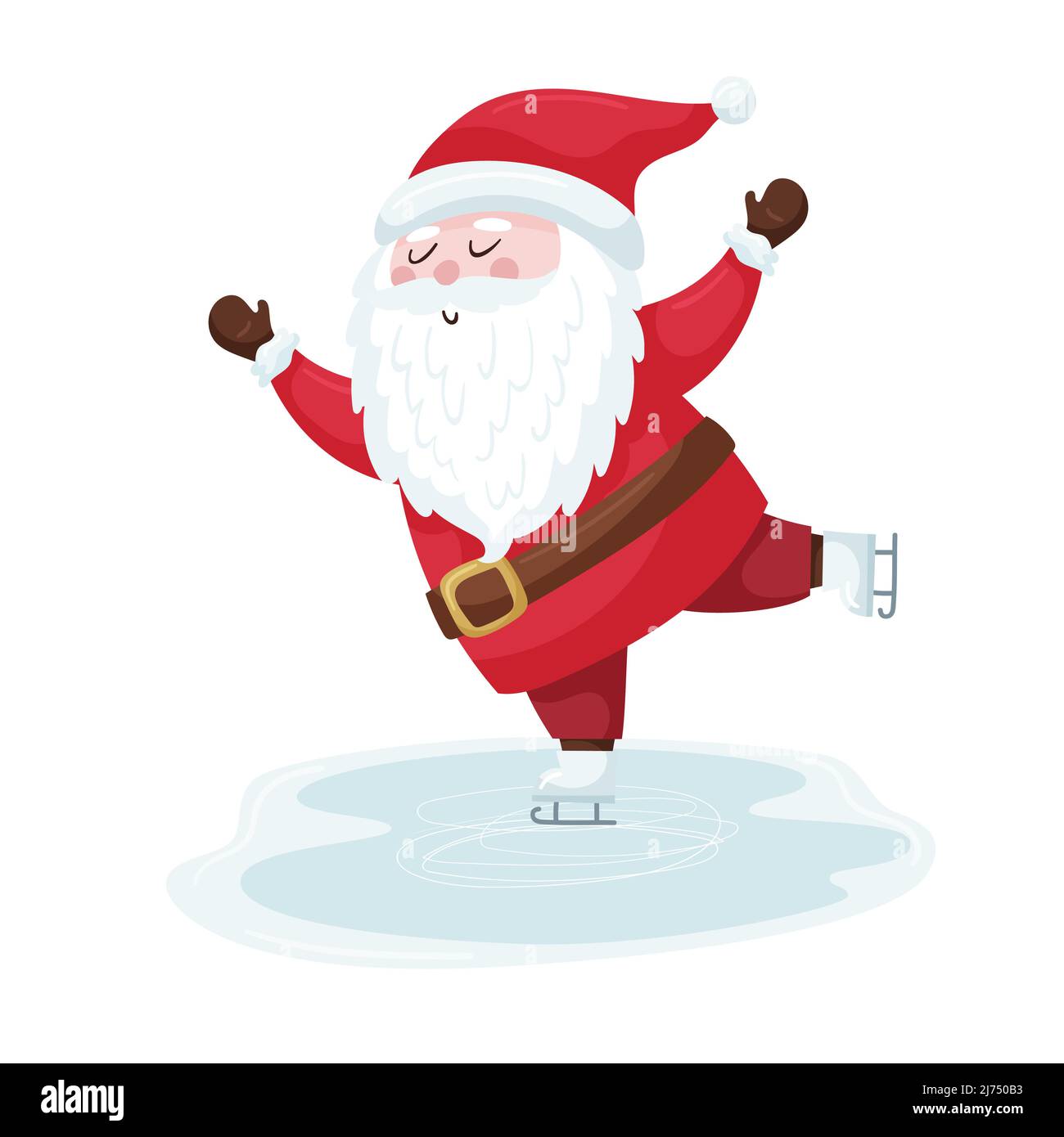 Mignon dessin animé Noël Santa dans un costume rouge est patinage sur la patinoire. Un personnage souriant dans un style plat. Isolé sur un fond blanc. Contrect. Couleur Illustration de Vecteur