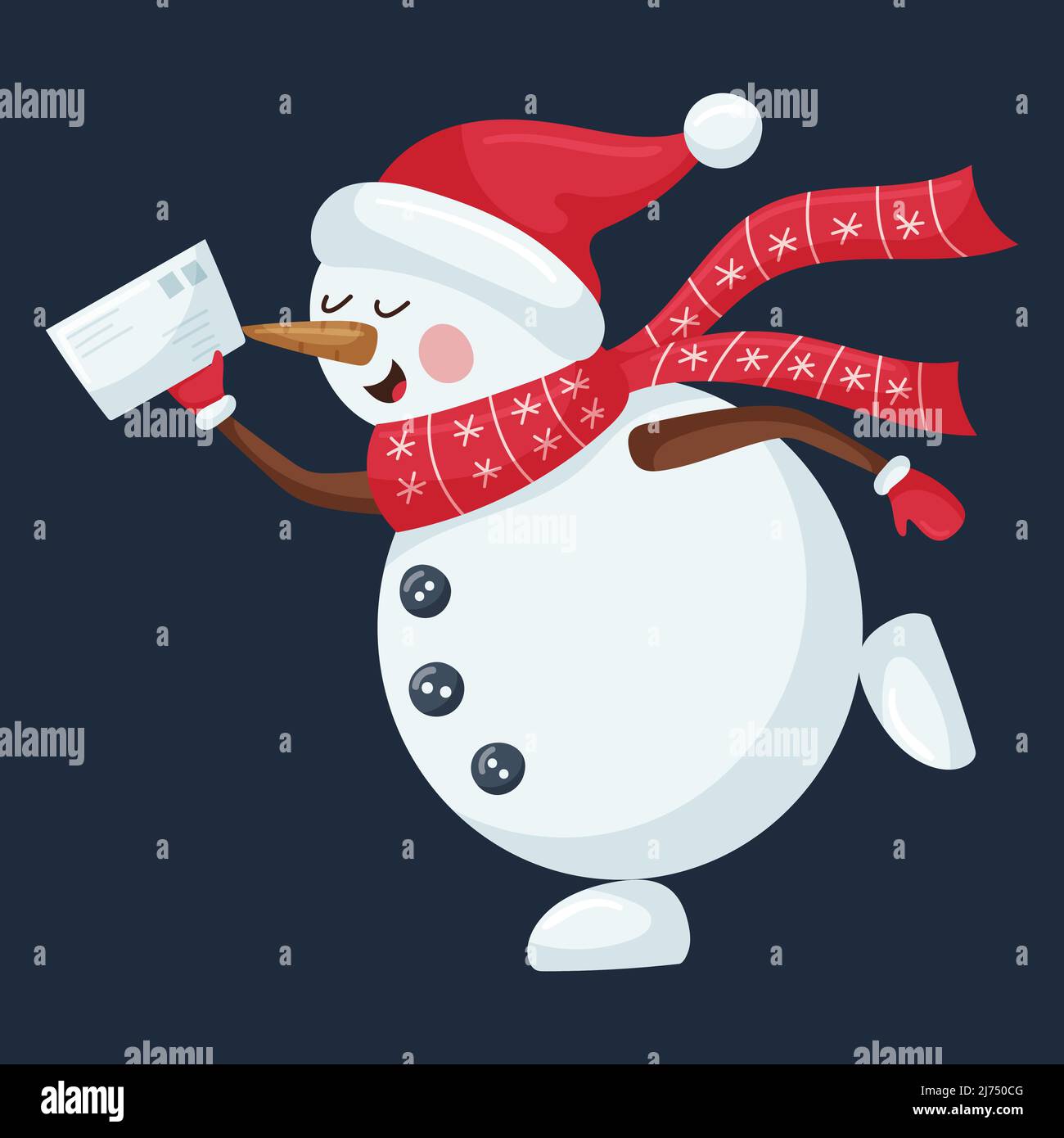 Un bonhomme de neige mignon dans un chapeau et un foulard à motifs court avec une lettre pour le Père Noël dans ses mains. Un personnage de dessin animé de Noël dans un style plat est isolé sur Illustration de Vecteur