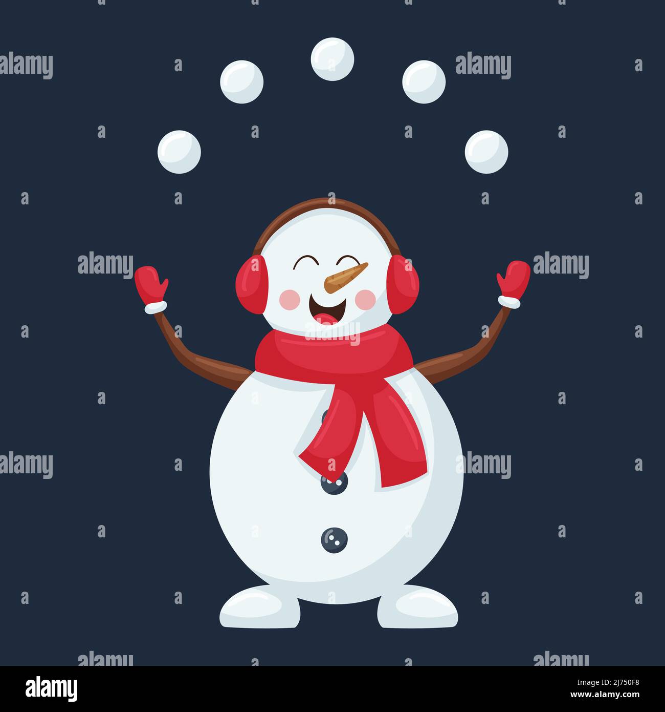 Un adorable bonhomme de neige dans un écouteur et un foulard rouge jongle avec des boules de neige. Un personnage de dessin animé de Noël dans un style plat est isolé sur un fond sombre. C Illustration de Vecteur