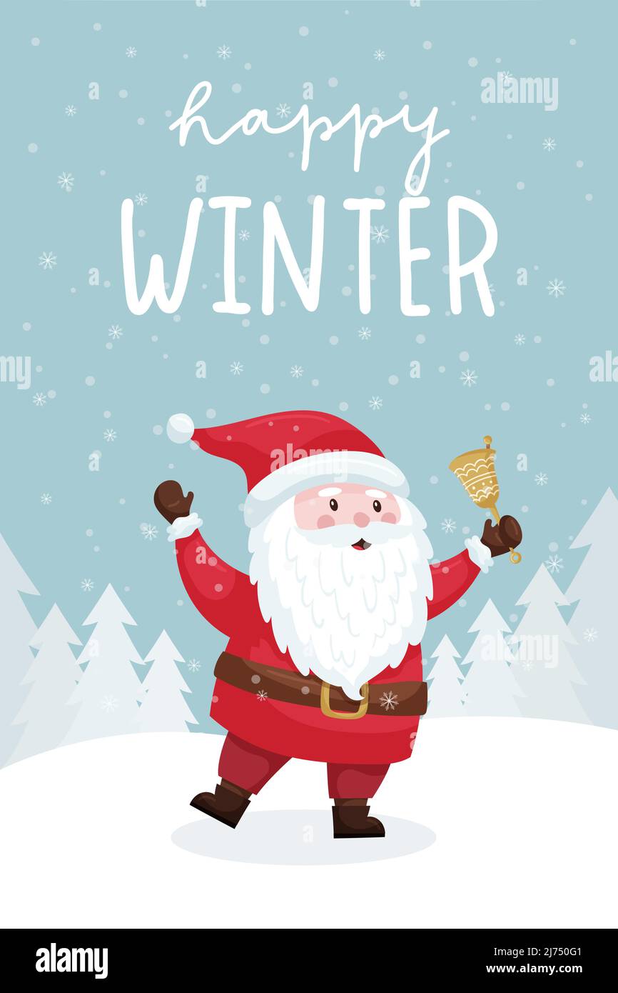 Une carte de Noël avec un Père Noël souriant qui sonne une cloche dans une forêt enneigée. Paysage d'hiver. Lettrage à la main - hiver heureux. Joli personnage de dessin animé plat. Illustration de Vecteur