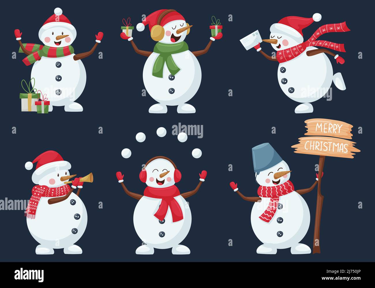 Collection de bonhommes de neige de Noël. Personnages de dessin animé mignons jonglant avec des boules de neige, soufflant un tuyau, donnant des cadeaux, félicitant Joyeux Noël. Isolé sur Illustration de Vecteur