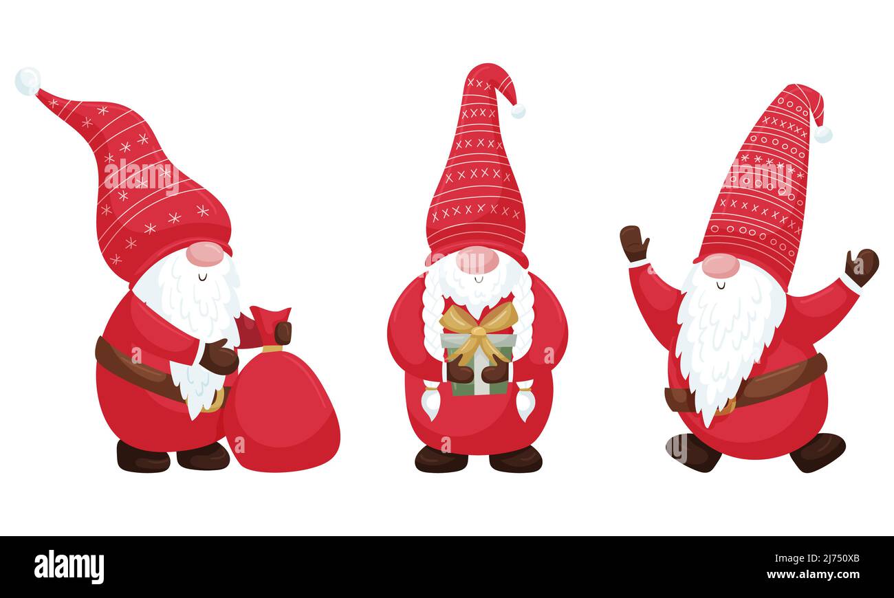 Un ensemble de gnomes de Noël dans un costume rouge et un chapeau. Tenir un cadeau, un sac de cadeaux, sauter pour la joie. Une collection de personnages de Noël mignons Illustration de Vecteur