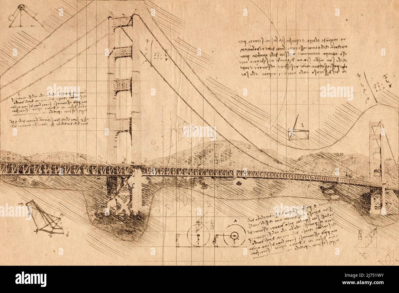 Croquis du Golden Gate Bridge, San Francisco, Californie, États-Unis. Concept da Vinci Banque D'Images
