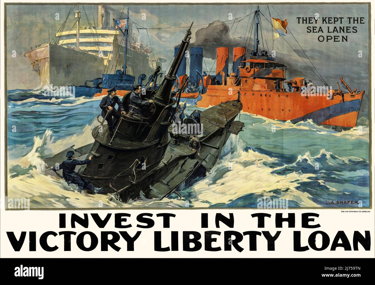 Une affiche d'investissement américaine du début du siècle 20th de la première Guerre mondiale, 1914-1918, montrant divers navires de guerre et un paquebot en action. L'artiste est L. A. Shafer (1866-1940) Banque D'Images