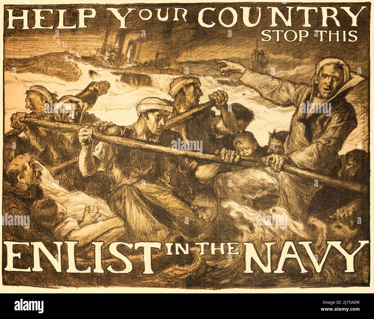 Une affiche de recrutement américaine du début du 20th siècle datant de la première Guerre mondiale, 1914-1918, montrant des marins dans un canot de sauvetage, comme un mouvement vers un navire en train de couler et de brûler au loin. L'artiste est Frank Brangwyn (1867-1956 Banque D'Images