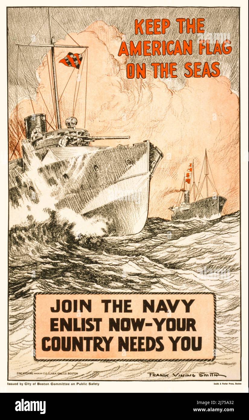 Affiche de recrutement américaine du début du siècle 20th de la première Guerre mondiale, 1914-1918, montrant des cutleships en mer, 1917. L'artiste est Frank Vining Smith (1879-1967) Banque D'Images