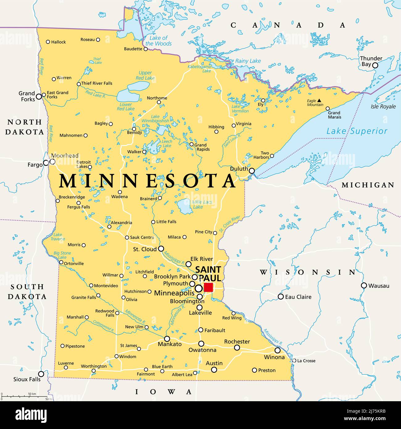 Minnesota, MN, carte politique, avec la capitale Saint Paul et la région métropolitaine de Minneapolis. Dans la partie supérieure du Midwest des États-Unis. Banque D'Images