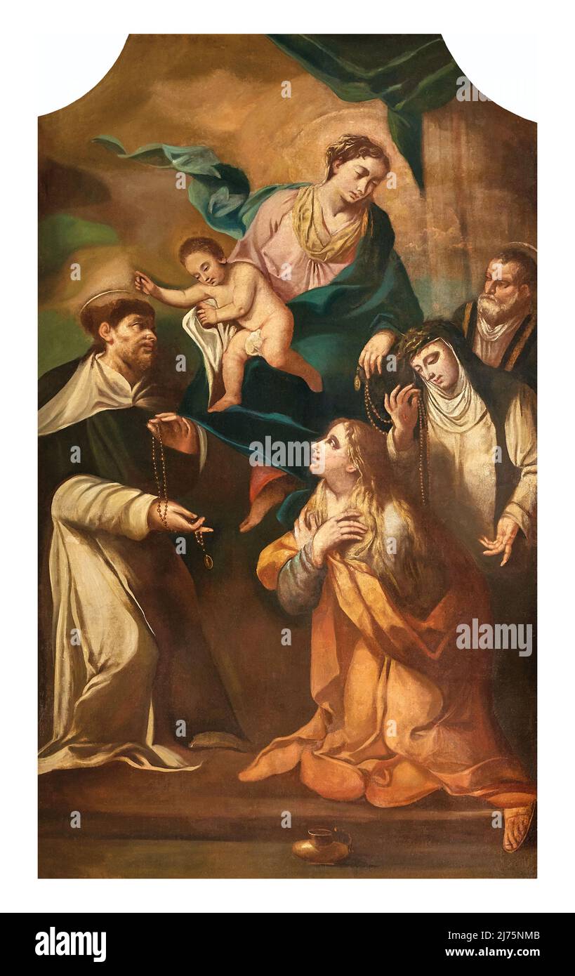 Madonna del Rosario con S. Domenico, S. Caterina da Siena, S. Giuseppe e S. Maria Maddalena - olio su tela - Pietro Paolo Raggi - primo Quarto del XVIII Banque D'Images