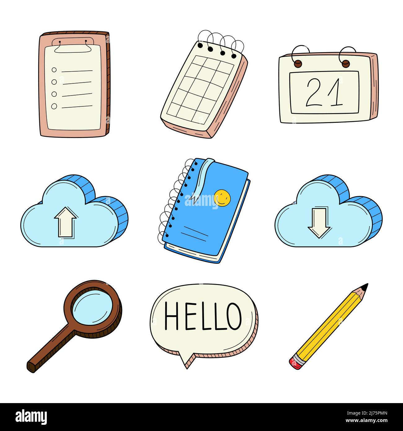 Un ensemble d'icônes colorées avec un bloc-notes, un carnet, un calendrier, un crayon, une loupe, cloud. Symboles professionnels. vecteur coloré dessiné à la main illust Illustration de Vecteur