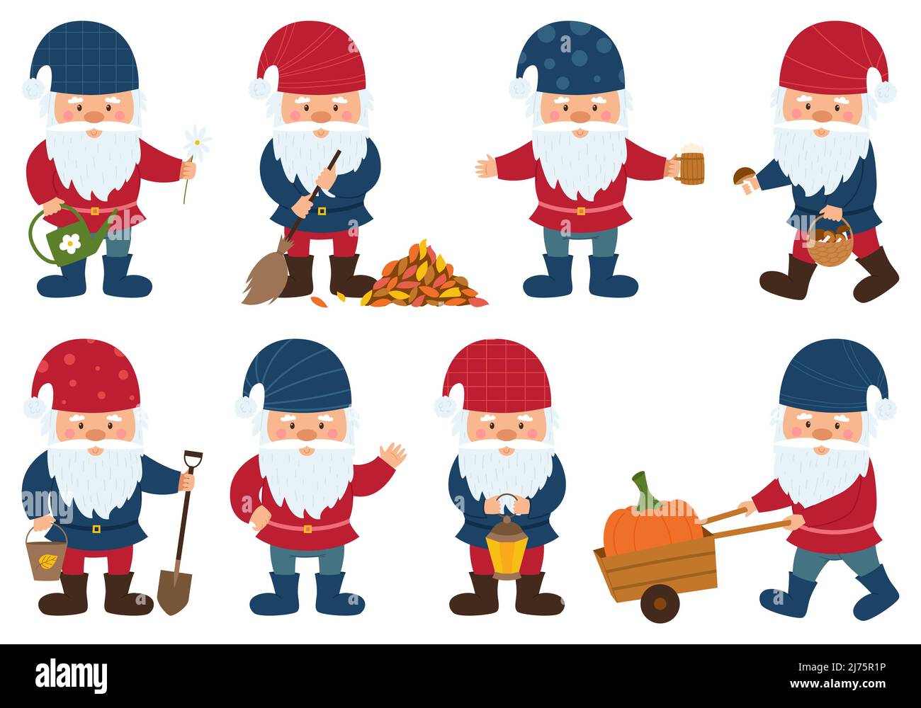 Une collection de petits gnomes avec des barbes et des chapeaux tient une lanterne, un seau, un panier de champignons, balaie les feuilles tombées, porte une citrouille. Petit dwa Illustration de Vecteur
