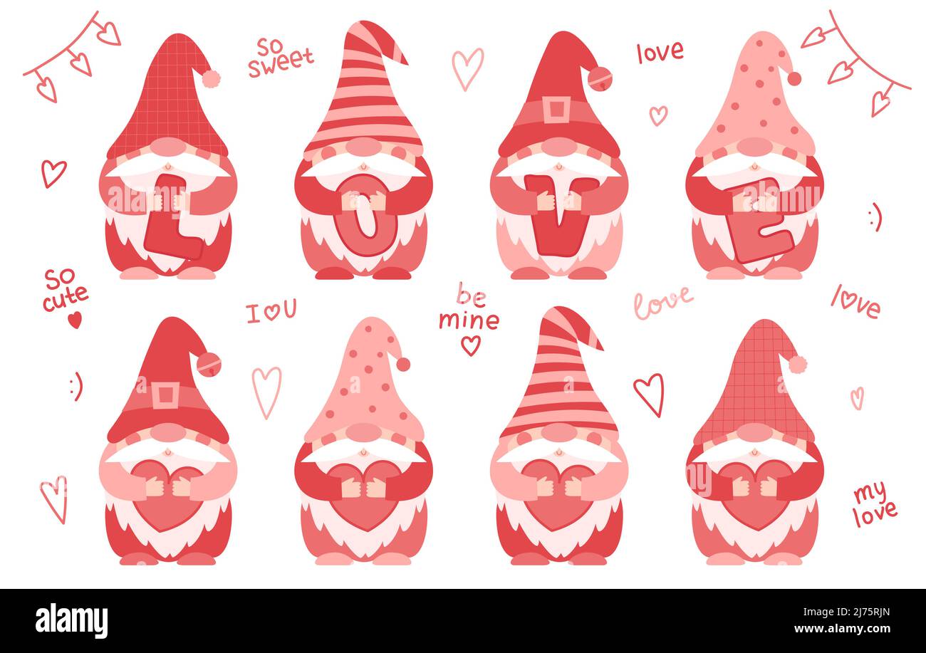 Collection de petits nains paunchy en rose, rouge vêtements et chapeaux qui  tiennent les coeurs et les lettres AMOUR dans leurs mains. Jolis petits  gnomes, personnages de dessins animés Image Vectorielle Stock -
