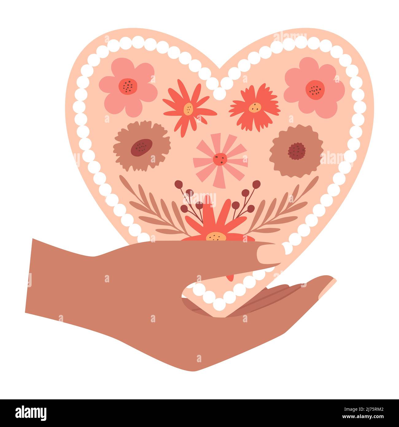 Une main humaine tient une carte de Valentin en forme de coeur, avec un motif floral. Un symbole d'amour, de romance, de gratitude. Le jour de la Saint-Valentin du boho. Couleur Illustration de Vecteur
